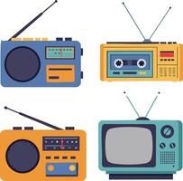 Retro vintage radio cassette player and old television set illustration in colorful design elements vector