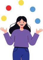 Woman juggling colorful balls in purple sweater and blue pants cheerful activity illustration vector
