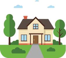 Residential house with green trees and pathway flat illustration in bright colours and simple style vector