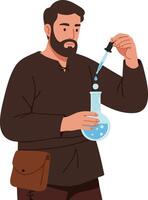 Man in dark clothing conducting chemistry experiment with blue liquid in flask using dropper illustration vector