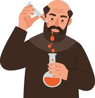Scientist mixing chemicals in flask conducting laboratory experiment illustration vector