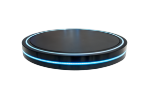 A sleek, black circular base with a glowing LED ring around the edges, emitting soft white and blue light, isolated on a transparent background png