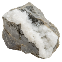 A heavy gray rock with thick white barite crystals along internal veins. Isolated on transparent background png