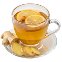 Hot tea in a clear glass cup with honey, lemon slice, and ginger slices floating inside, warm golden hue, isolated on transparent background png