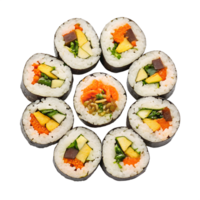 topo Visão do gimbap, coreano algas marinhas arroz rolos fatiado e arranjado dentro uma circular padrão, isolado em uma transparente fundo png