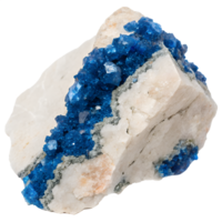 A pale rock with vibrant blue azurite crystals forming along cracks. Isolated on transparent background png