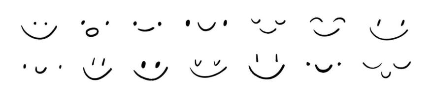 Hand drawn smiley face set with happy expressions. Flat illustration isolated on white background. vector
