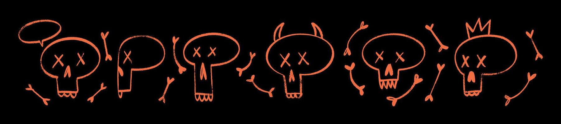 Orange Skull with crossed bones in punk crayon style, Halloween pirate dangerous symbol. Flat illustration isolated