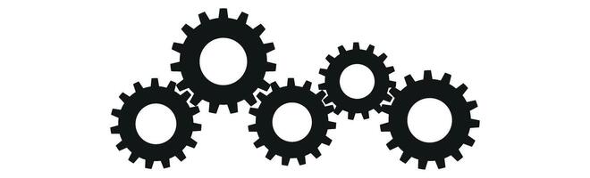 Cog set with golden gears and mechanical chain. Industrial factory machine elements in steel metal style. Flat illustration isolated on white background. vector