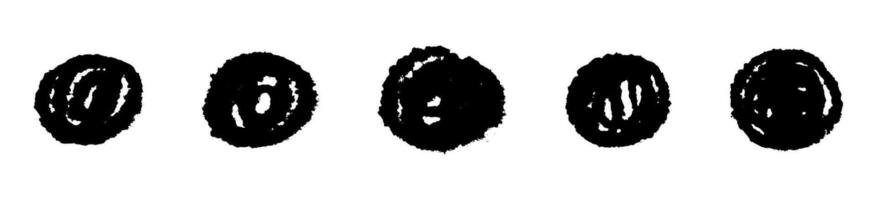 Scratched grunge brush circles with chalk textures. Handmade scribble borders and distressed ink blots. Flat illustration isolated on white background. vector