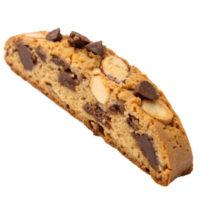 Crunchy biscotti slice with chunks of hazelnut and chocolate, diagonally cut, crisp texture, isolated on a transparent background png