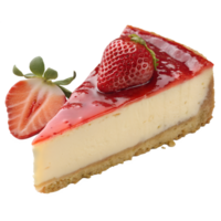 Smooth New York-style cheesecake slice with golden crust, topped with strawberry glaze and whole strawberry, transparent png
