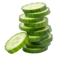A stack of cucumber slices with a transparent background, the slices are bright green and stacked unevenly png