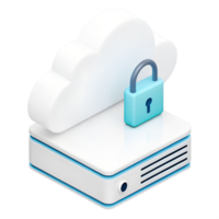3D icon, Minimalistic Isometric cloud storage server with security padlock icon., isolated on a transparent background png