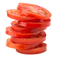A stack of tomato slices with a transparent background, the slices are bright red and stacked unevenly png