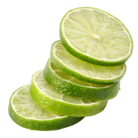 A stack of Lime slices with a transparent background, the slices are bright green and stacked unevenly png