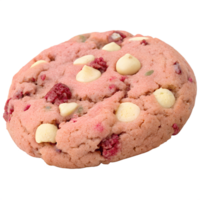 Chunky cookie with visible white chocolate chips and raspberry bits, pinkish hue, soft and sweet look, isolated on transparent background png