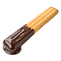 Thin biscuit stick dipped halfway in chocolate, glossy coating and smooth finish, modern snack look, transparent background png