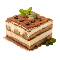 A slice of tiramisu with a dusting of cocoa powder. isolated on a transparent background png