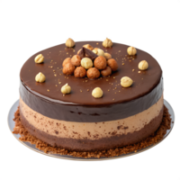 Elegant chocolate hazelnut cake with praline filling, glossy chocolate glaze, hazelnuts on top, isolated on a white background png