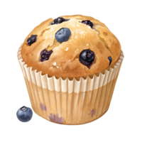 Illustration of Soft blueberry muffin pastry with golden top and visible blueberry pieces, isolated on transparent background png