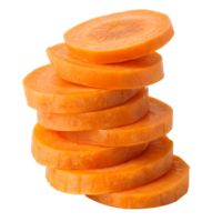 A stack of carrot fruit slices with a transparent background, the slices are bright Orange and stacked unevenly png