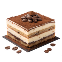 Layered tiramisu slice with dusted cocoa on top, creamy mascarpone and espresso-soaked layers visible, transparent background png