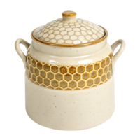 Ceramic jar with two handles with a golden honeycomb pattern on the top half, the bottom half is smooth and glossy, in a transparent background png