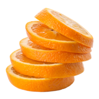 A stack of Orange fruit slices with a transparent background, the slices are bright Orange and stacked unevenly png