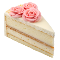 Delicate slice of vanilla cake with layers of buttercream and pink buttercream rose decoration on top, elegant design, isolated on a transparent background png