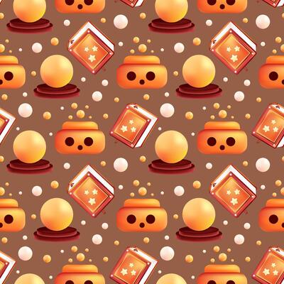 Happy Halloween seamless pattern. Scary pumpkin with potion, book and magic ball. Holiday illustration