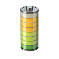A battery with a transparent case, showing the charge level in green, yellow and white, isolated on transparent background png