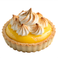 Mini tart filled with lemon curd and topped with toasted golden meringue peaks, delicate crust, isolated on a transparent background png