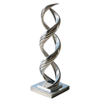 A stainless steel twisting helix sculpture with a mirror-polished finish, standing upright on a minimalist square base. Set against a transparent background png