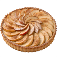 Round tart with thinly sliced apples arranged in spiral, dusted with cinnamon and sugar, golden flaky crust, isolated on a transparent background png