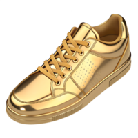 A 3D isometric shoe in gold metal, realistic theme, side view, highly detailed, isolated on a transparent background, format png