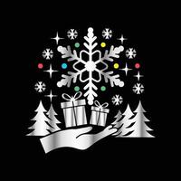 christmas tree with presents and snowflakes on a black background vector