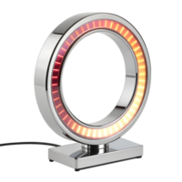 A chrome ring lamp with red and orange lights, on a chrome base, isolated on a transparent background png