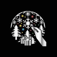 a hand is holding a snowflake in the middle of a christmas tree vector