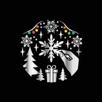 a black background with a snowflake, trees, and a gift box vector