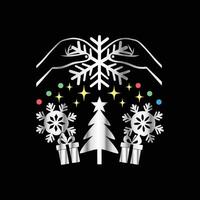 a black background with a snowflake, gift boxes, and a tree vector