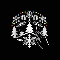 a black background with a hand reaching out to touch a snowflake vector