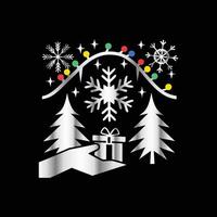 a black background with a snowflake, tree, and presents vector