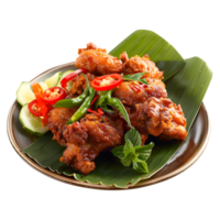 A plate of fried chicken with vegetables and sauce png