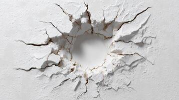 Cracked White Wall with Hole - Abstract Broken White Surface Texture photo