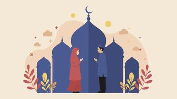 A serene illustration depicting a Muslim couple praying together in front of a beautiful mosque during Eid celebrations. It evokes feelings of peace and faith. vector
