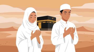 A serene illustration of a Muslim couple performing prayer in Mecca during the Hajj pilgrimage. The Kaaba is visible in the background. vector
