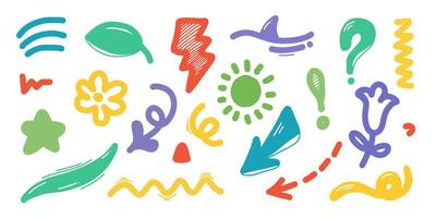 Colorful doodles with flowers, leaves, arrow and stars. doodle design element with Colorful Sparkles Abstract Background. vector