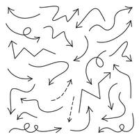 Simple hand drawn lines with black arrows arranged in various styles. Simple hand drawn black arrows. Collection of hand drawn curved, scribbled and zigzag arrows. Simple directional lines in black. vector