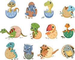 Cute baby dinosaurs hatching from egg set. Funny smiling new born prehistoric dino reptiles in shells collection vector